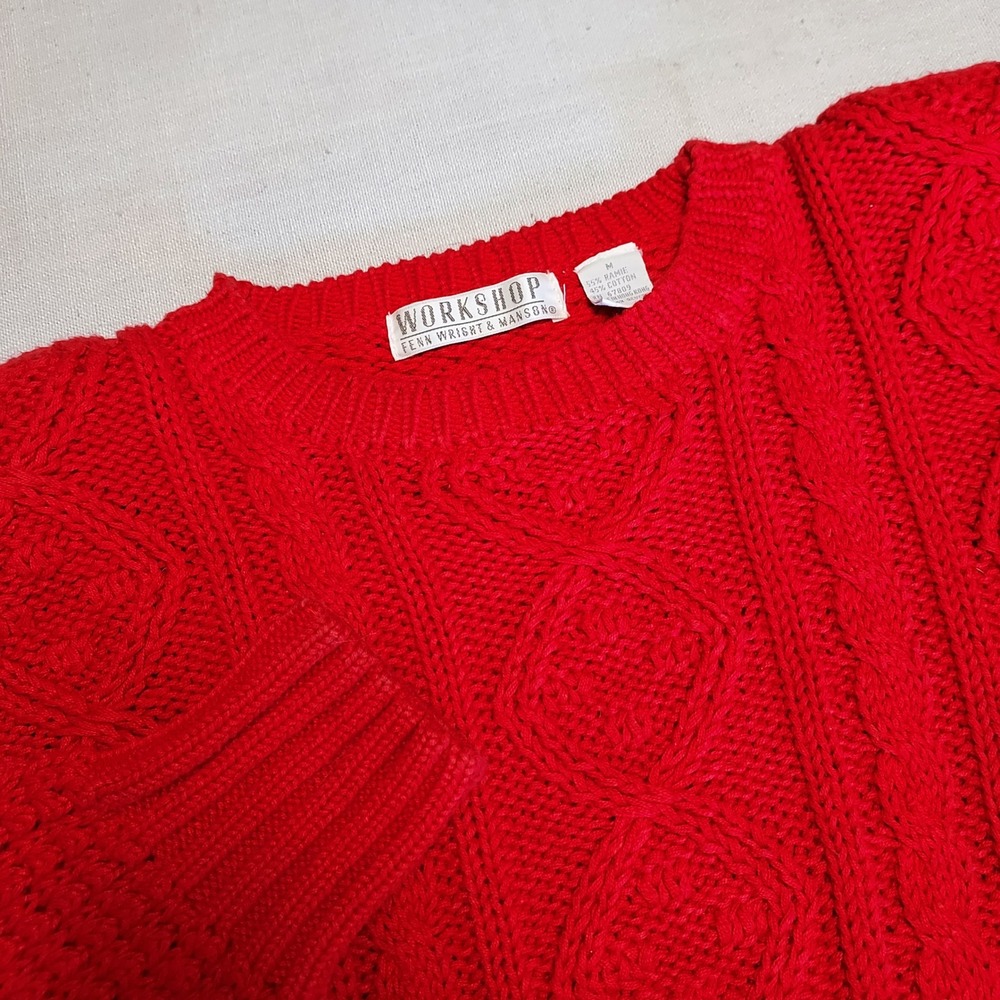 Vtg Workshop Fenn Wright & Manson Red Cable Knit Cotton Sweater Women's Medium